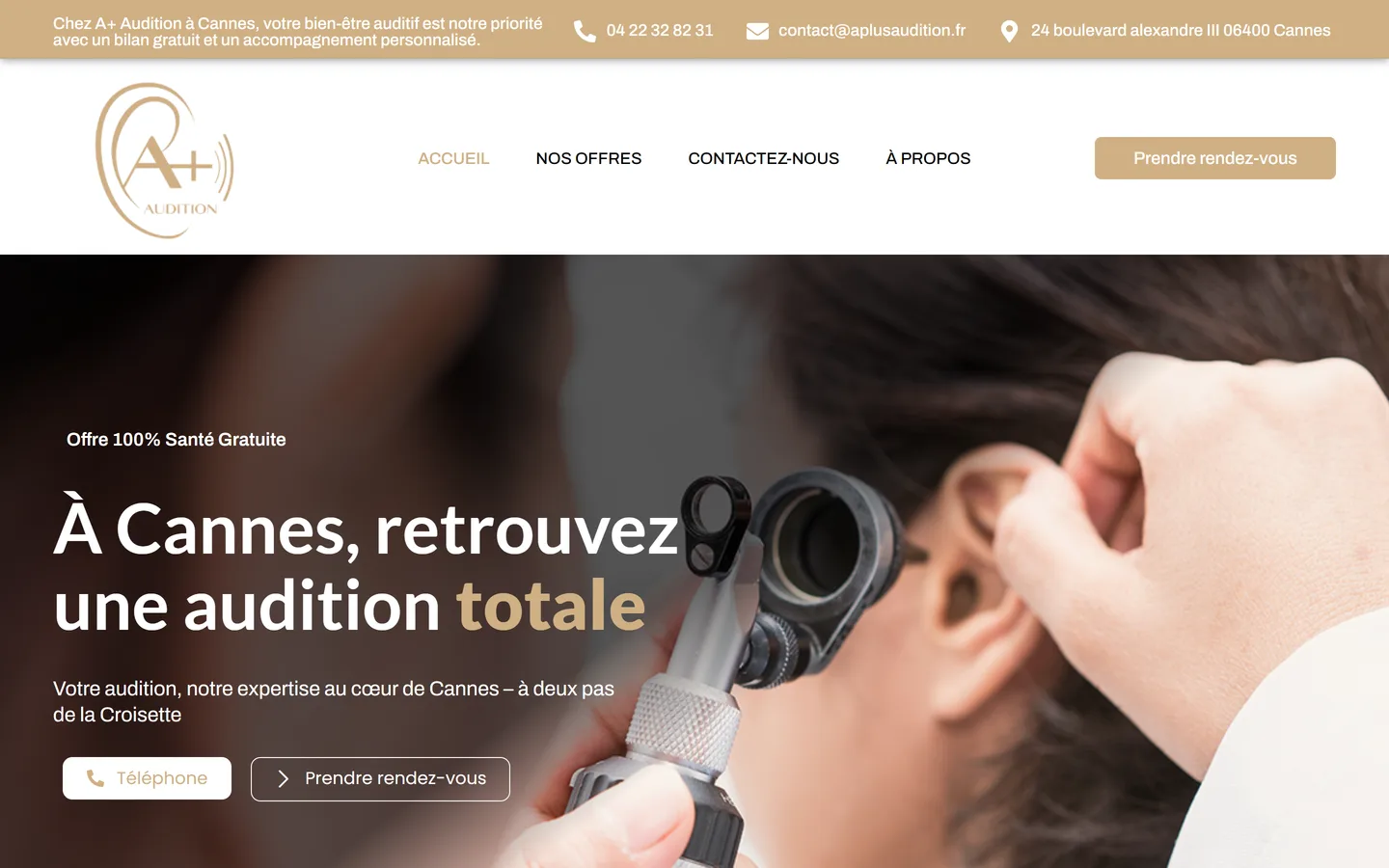 Page d'accueil du site A+ Audition, réalisé par 123 Digital