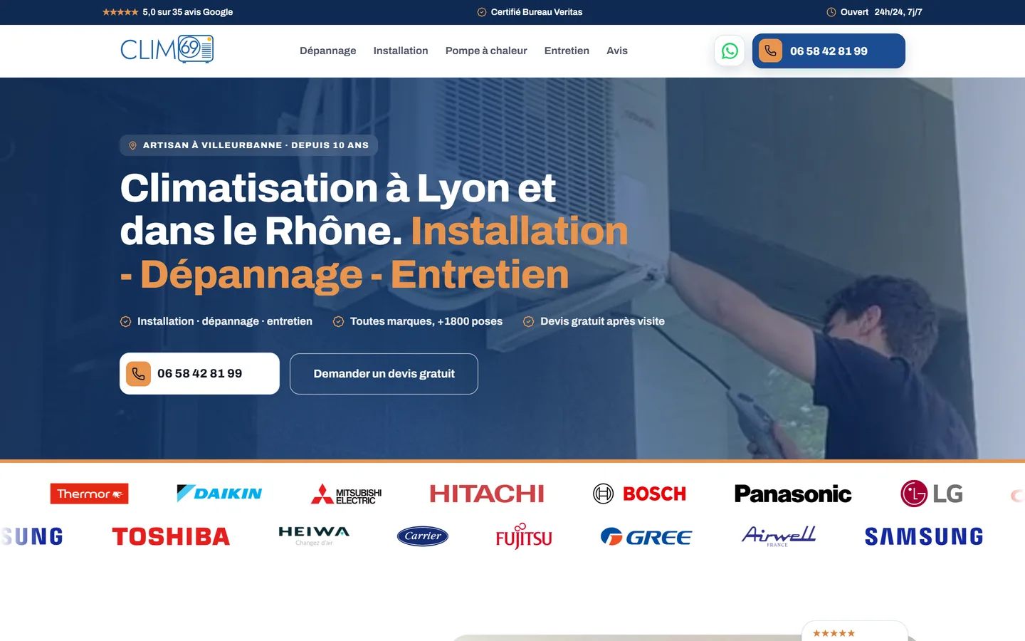 Page d'accueil du site Clim69, réalisé par 123 Digital