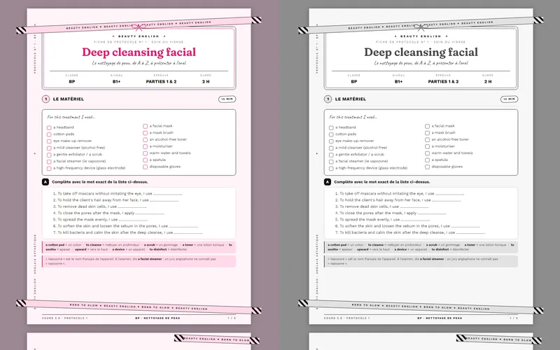 La fiche d’anglais redessinée en gris teintés, un seul PDF par séance
