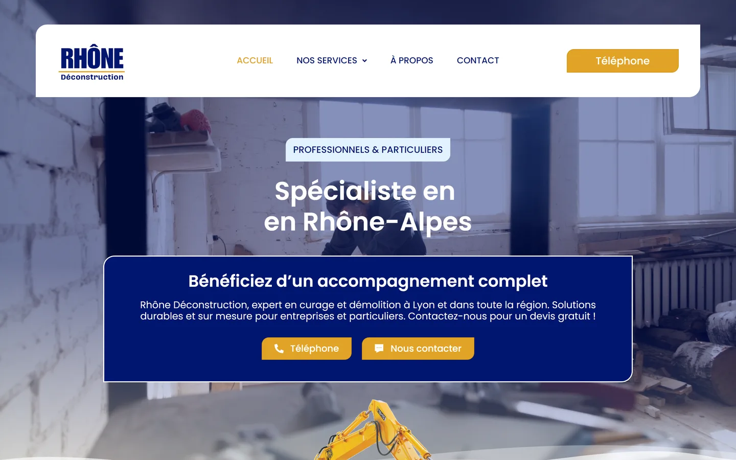 Page d'accueil du site Rhône Déconstruction, réalisé par 123 Digital